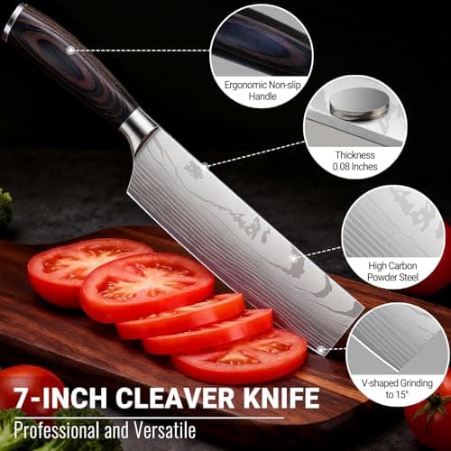 Nanbone Nakiri Knife 7 Inch Sharp Meat Cleaver and Vegetable Kitchen Knife Damascus Asian Chef Knife for Home and Kitchen with Ergonomic Handle High Carbon Stainless Steel knife Chef Cooking Gift - Thumbnail 3