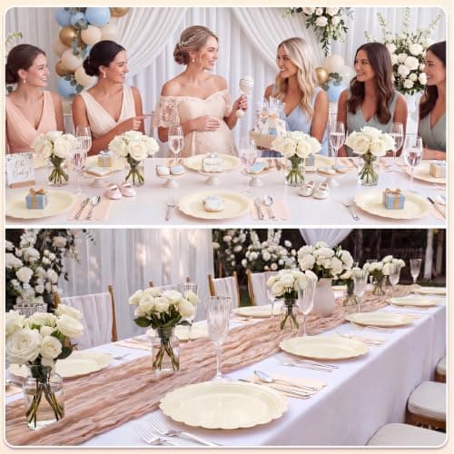 NatNarr 30 Pcs Ivory Paper Plates 9 Inch Disposable Scalloped Cream Plates Cute Beige Dessert Cake Plate Party Dinner Plate for Baby Shower, Wedding, Bridal Shower - Thumbnail 6