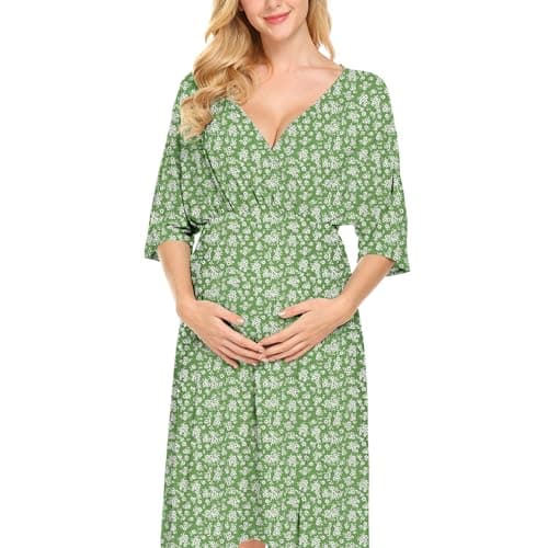 Nursing Dress for Women Breastfeeding Dresses - Maternity Nursing Dress V Neck Flowy Boho Floral Vacation Dress Green - Thumbnail 2