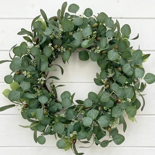 GinzeTop 24 Inch Eucalyptus Wreath for Front Door, Large Artificial Greenery Wreaths with Olive Leaves and Berries, Farmhouse Spring Summer Decor for Porch, Wall, Window, All Season - Image 1