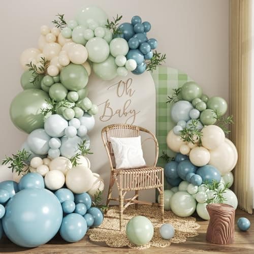 Dusty Blue Sage Green Balloon Arch Kit, 124Pcs Fog Blue Light blue Green Sand White Balloons Different Size for Baby Shower Bridal Shower Anniversary Birthday Party Decorations