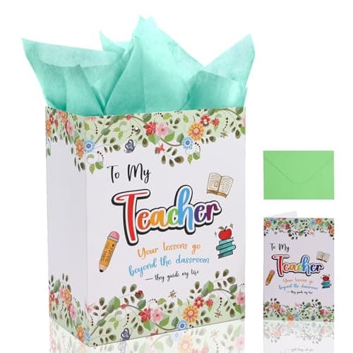 Lednica Teacher Gift Bag with Tissue Paper, Envelope and Greeting Card, Flower Teacher Gift Bag with Handle for End of Year for Graduation, Teachers Appreciation Day, Retirement, Gifts, 11.8" - Image 1
