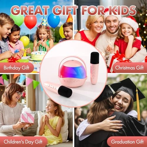 Mini Karaoke Machine Gifts for Kids Adults, Portable Karaoke Speaker with 2 Wireless Microphones, Kids Microphone with Speaker and LED Light, Birthday Gifts for Girls Boys 3-12+ Year Old (Pinkcolor) - Thumbnail 3