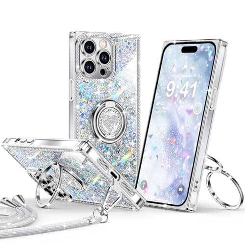 XYZ for iPhone 14 Pro Max Case, Glitter Bling Phone Cover with 2-Ring Heart Stand & Lanyard, Women Girls Luxury Rhinestone Shockproof Protective Case for iPhone 14 Pro Max, Silver - Image 1