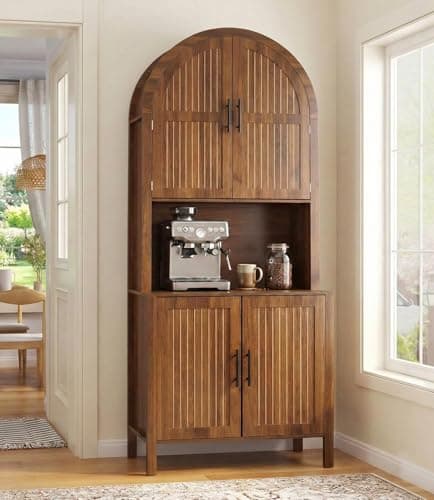 zofiauai 76" Tall Arched Kitchen Pantry,Large Storage Cupboard with Fluted Doors,Microwave Shelf,Modern Wooden Buffet Sideboard,Adjustable Shelves,Cabinet for Dining,Living Room,Walnut