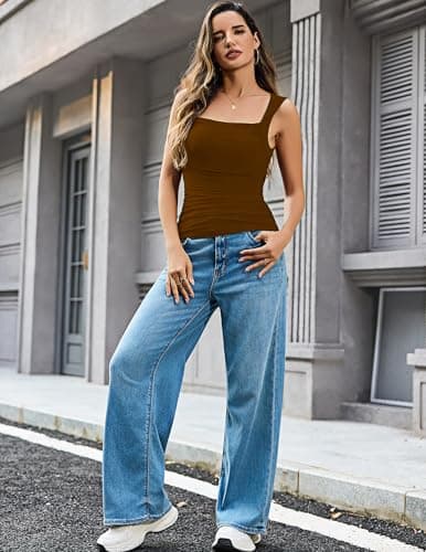 Totatuit Womens Tank Tops T Shirts Double Layer Square Neck Wide Strap Ruched Tee Tank Coffee - Thumbnail 5