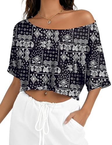 Kistore Crop Tops for Women Summer Off Shoulder T Shirt Loose Asymmetrical Top Casual Short Sleeve Shirts Printed M - Image 1