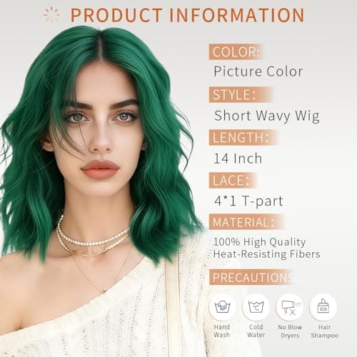 Uioxvn Green Short Curly Wavy Wig Synthetic Bob Style Natural Lace Hairline Heat Resistant Fiber Wigs for Women Glueless Crazy Looking Shoulder Length Middle Part Cosplay Party Use 14 Inch - Thumbnail 4