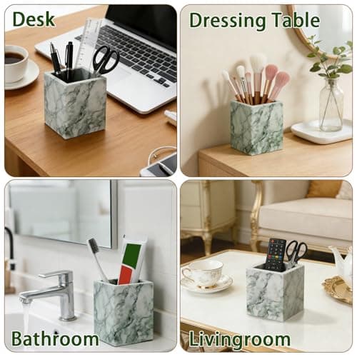 Natural Marble Toothbrush Holder: Pen Holder - Makeup Brush Holder - Marble Organizer for Vanity- Cup for Bathroom - Office & Home Countertop Organizer - Cyan Green - Thumbnail 5