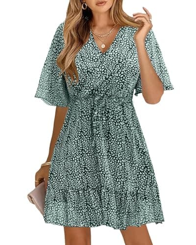 KIRUNDO Womens Summer Dresses 2026 Casual Spring Short Sleeve V Neck Ruffle Floral Print High Waist Belted Flowy Mini Dress(Dark Green, Small)
