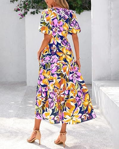 dowerme Womens Summer Dresses 2026 Casual Puff Short Sleeve V Neck Floral Boho Tiered Ruffle Maxi Dress with Pockets(Navy Yellow Purple,Small) - Thumbnail 5