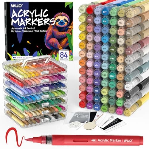 WUO 84 Colors Acrylic Paint Markers, Automatic Ink Control Brush Tip Pens, Water-Based No-Bleed Markers for Rock, Canvas, Wood, Glass, Ceramic, and DIY Art Supplies
