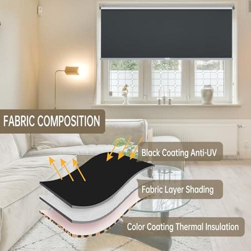 Changshade 100% Blackout Roller Shades for Windows，Room Darkening Thermal Insulated Pull Down Window Blinds, Cordless Free-Stop Shade，Easy Install UV Protection Door Blind for Home,Black,21"W x 72"H - Thumbnail 5