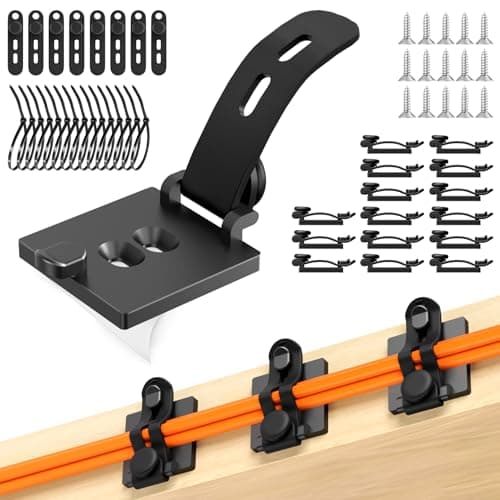 Kanemc Cable Clips Management Kit, 15 Cable Holder With Silicone Cord Ties, 15 Nylon Zip Tie, Extra 15 Screws & 8 Adjustable Cable Straps For Workspace Organizers PV Computer TV Under Desk Wire Setup