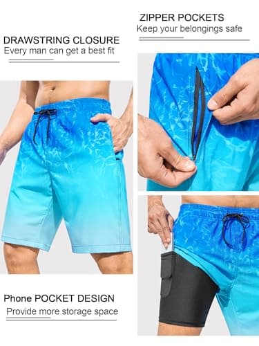 SILKWORLD Mens Swim Trunks with Compression Liner Quick-Dry 9" Stretch Beach Shorts, Blue Ripple, X-Large - Thumbnail 4