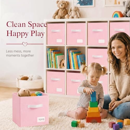 Stowsia Storage Cubes 10 Pack, 11 Inch Fabric Storage Bins Organizer with Labels, Odor-Free & Sturdy PP Structure, Collapsible Cubby Baskets for Closet, Shelves, Toys & Nursery (Pink) - Thumbnail 4