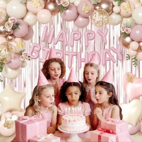 Dusty Pink and Gold Birthday Decorations for Women Girls, Dusty Pink Blush Rose Gold Sand White Gold Foil Confetti Balloons Happy birthday Banner Gold Butterfly Fringe Curtains Birthday Decorations - Thumbnail 5