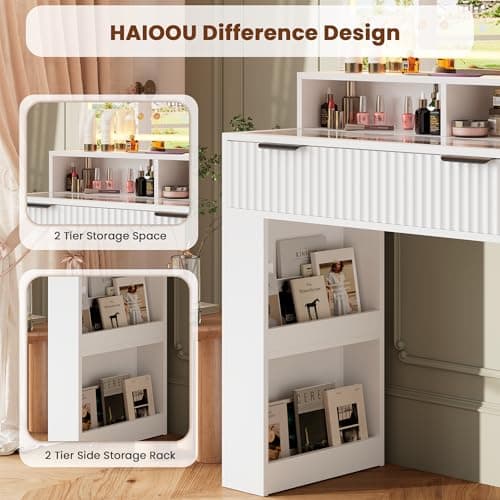HAIOOU Fluted Vanity Desk with Mirror and Lights,48" Large Makeup Vanity Desk with Charging Station,Dressing Table with 4 Drawers & 3 Open Storage Shelves, Glass Top for Bedroom,Peal White - Thumbnail 6