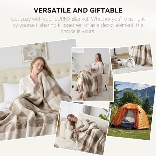 LURKA Checkered Sherpa Fleece Throw Blanket – Soft and Cozy, Medium Weight for All Season, Plush Throw for Couch, Bed, Dorm & Pets, Khaki, 60x80 Inches - Thumbnail 2