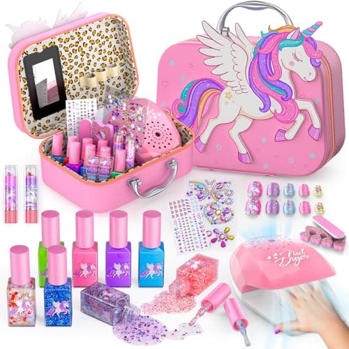 Glisiol Kids Nail Polish Set for Girls Toys, Washable Quick-Dry Toddler Nail Art Kit with Air Cooling Dryer and Cosmetic Case, Christmas or Birthday Gifts for Girls Ages 3 4 5 6 7 9 10 11 12-Pink - Image 1