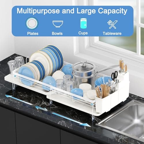 ROTTOGOON Expandable Dish Drying Rack,Multifunctional Adjustable Dish Drainer with Swivel Spout and Anti-Rust Dish Rack with Removable Cutlery & Cup Holders for Kitchen Counter,White - Thumbnail 4