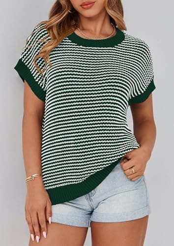 PRETTYGARDEN Womens Short Sleeve Sweater Spring Summer 2026 Round Neck Striped Pullover Cap Sleeve Knit Sweater Vest Tops(Dark Green,Small) - Thumbnail 4