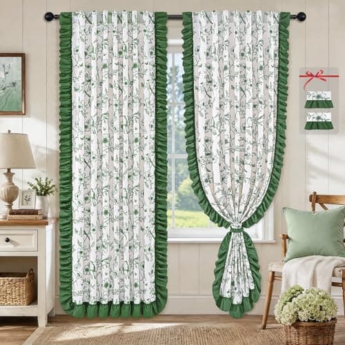 Yinhua Green Floral Curtains for Living Room 84 Inch Length French Country Bedroom Curtains with Ruffle Tieback, Linen Light Filtering Window Curtain Rod Pocket Back Tab Drapes, 52"W x 84"L, 2 Panels - Thumbnail 2