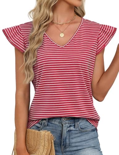 JUSTFASHIONNOW Womens Summer Ruffle Flutter Sleeve V Neck Tops, Soft Casual Striped Versatile Dressy Blouses(Red Stripe Large) - Thumbnail 2