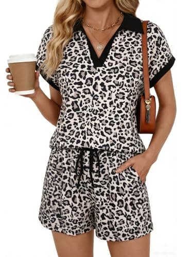 Yousify 2 Piece Sets for Women Cap Sleeve V Neck Lapel Tops and Drawstring Shorts Summer Casual Outfits Loungewear 2026 - Image 1
