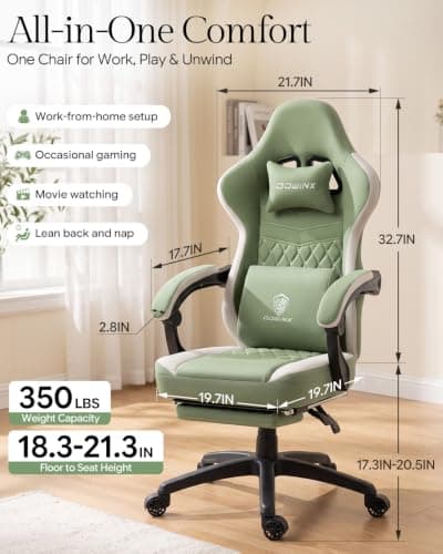 Dowinx Gaming Chair Breathable Fabric Game Chair with Gel Pad and Storage Bag, Comfortable Gamer Chair with Pocket Spring Cushion, Ergonomic Computer Chair with Footrest, Green - Thumbnail 3