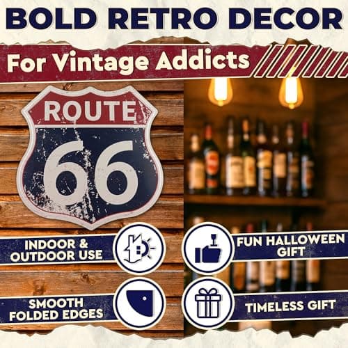 Route 66 Sign - Easy to Hang Tin Signs Vintage Style 12×12 Inch | Route 66 Decor For Bedroom, Man Cave, Garage, Workshop, Bar, Cafe - Retro Road Signs Cars Wall Decor for Gifting and Party Decoration - Thumbnail 5