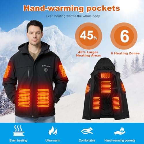 Brimekey Graphene Heated Jacket for Men, Fast Charge 20000mAh Large Capacity, Men's Heated Jacket with Fleece Lining, 6 Heating Zones Windproof Waterproof Soft Shell Hoodie Jackets Skiing Hunting - Thumbnail 3
