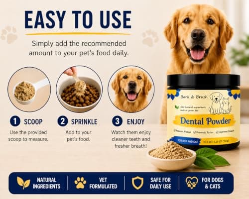 Bark & Brush Dental Powder for Dogs and Cats – Triple-Action Formula – Advanced Tartar & Plaque Remover – Natural Dog Breath Freshener Dog Toothpaste Topper (New Packaging) - Thumbnail 4
