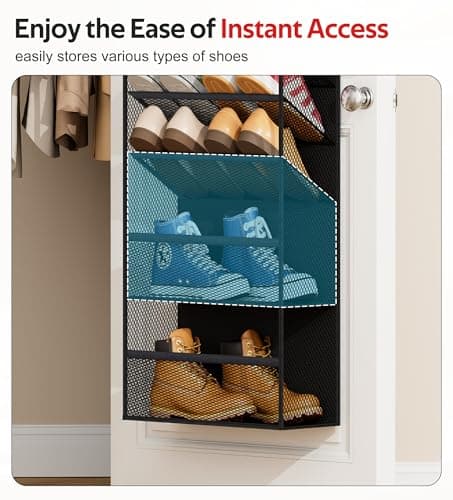 Soarine 12 Tier Over the Door Shoe Organizer for Closet, Holds 24 Pairs Hanging Shoe Rack for Door with Mesh Pockets, Narrow Shoe Holder Hanger for Sneakers, Boots (Black) - Thumbnail 4