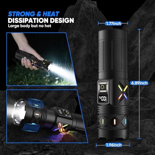 erbrigtli Flashlights High Lumens 100000 Rechargeable, Super Bright 50W LED, Long Running 15 Hours, USB C Input & USB Output, Zoomable 3 Modes, Powerful Strong Flash Light for Home Hiking Camping - Thumbnail 5