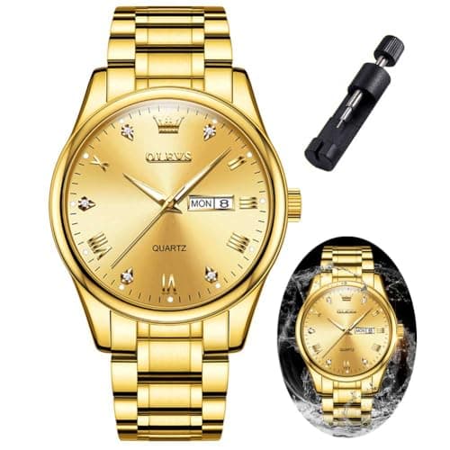 OLEVS Gold Watches for Men Luxury Wrist Watches for Man Waterproof Large Face Mens Watch Golden Stainless Steel Dress Dimond Day Date Simple Classic Analog Quartz Casual Relojes para Hombres - Image 1