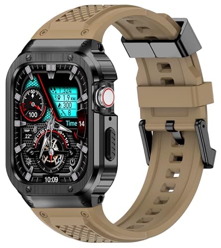 Deczone Band with Stainless Steel Case Compatible with Apple Watch Series 9 8 7 SE 3 2 1/6 5 4 S 3 2 1 41mm 40mm 38mm Band, iwatch Bands Rugged Protective Metal Cover for Men (Tan)