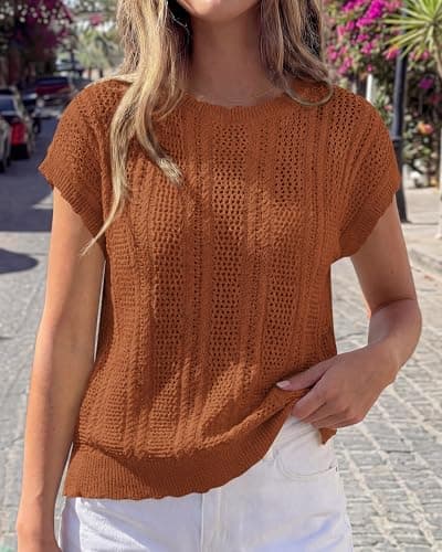 KIRUNDO Crochet Tops for Women Cap Short Sleeve Sweater Vest 2026 Spring Summer Cable Knit Pullover Beach Vacation Outfits(Caramel, Small) - Thumbnail 6