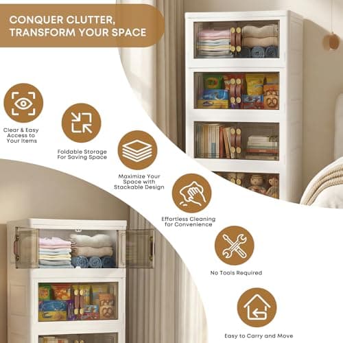 MOONEDGE 140QT Stackable Plastic Storage Bins with Lid & Handles, Foldable Collapsible Closet Organizer with Magnetic Doors and Side Locking, 4 Tier for Living Room, Office, Garages - Thumbnail 2