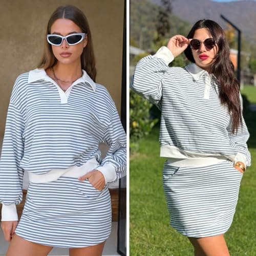 EXLURA Womens Two Piece Sets Cotton Striped Sweatshirt Matching Skirt Skort Tennis Vacation Cruise Outfits Travel Set 2026 - Thumbnail 4