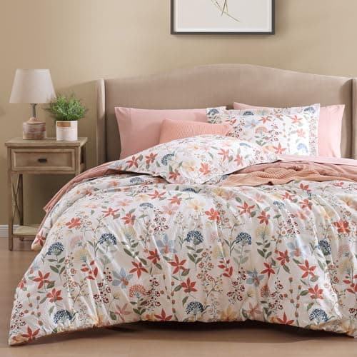 CASAAGUSTO King Comforter Set, 7 Pieces Bed in a Bag King Clay Pink Floral Comforter Set with Flowers Leaves Pattern, Soft Seersucker Design All Season King Size Bedding Set - Image 1
