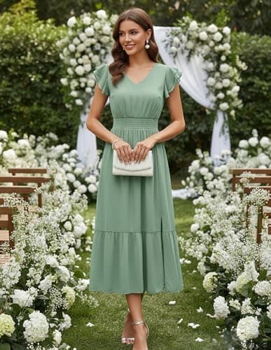 GRACE KARIN 2026 Womens Summer Dresses V Neck Ruffle Sleeve Floral Boho Beach A-Line Dress Sage Green-Solid XX-Large - Thumbnail 2