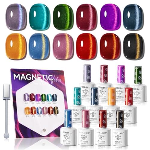 modelones 15ML Cat Eye Gel Nail Polish Set, 12Pcs Glitter Pink Red Green Purple Blue Cateye Gel Polish Set with Magnet Sparkle Series Hema-free Gel Polish Kit Same Color Same Bottle Soak Off Nail Art