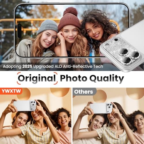 YWXTW for iPhone 17 Pro Max Camera Lens Protector, [Upgraded Glitter Design] Full Bling Sparkly Diamond Tempered Glass Screen Protector Metal Camera Cover Accessories (Glitter Silver, iPhone 17 Pro Max) - Thumbnail 4