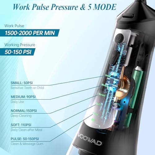 Water Flosser for Teeth 300ML Cordless,Portable Water Dental Floss Pick IPX7 Waterproof 5 Modes & 6 Jet Tips Noise<70db, Water Picks for Teeth Cleaning and Flossing, Braces, Gums,Oral Care - Thumbnail 3