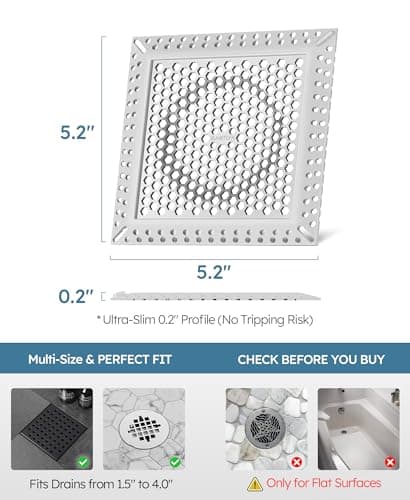 BAOTIYA Square Shower Drain Hair Catcher, Flat Shower Drain Hair Catcher, Anti-Clogging Fast Drainage, Anti-Slip & Stays in Place, Easy Clean Fits Bathroom Hair Catcher for Shower (Gray, 4 inch) - Thumbnail 5