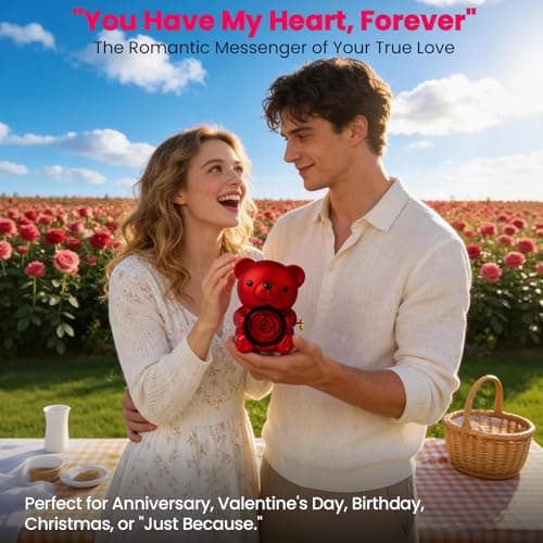 mountova Teddy Bear with Preserved Rose Flower in Bear with Necklace and Box for Women Romantic Bear Roses Gifts for Valentines Mothers Day Anniversary Day Birthday (Red) - Thumbnail 4