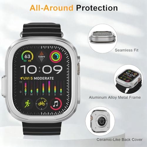SDOCEBF Aluminum Alloy Case for Apple Watch Ultra 3/2/1 49mm, Apple Watch Ultra 2 Protective Metal Case, Shockproof Bumper with Back Cover, Silver - Thumbnail 2