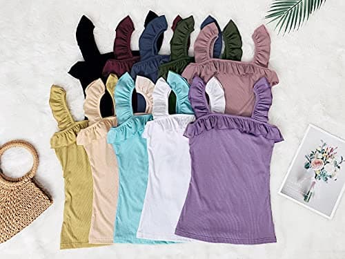 CNJFJ Womens Cute Sleeveless Tank Tops Ruffle Strap Square Neck Blouse Solid Color Knitted Camisole Sky Blue - Thumbnail 6