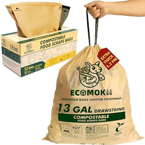 EcoMokii 13 Gallon Compostable Trash Bags with Drawstring, 30 Count, 49.2 Liter, 1.2 Mil Heavy Duty Extra Thick Large Kitchen Garbage Bin Liners, Compost Food Scraps Bag, BPI (ASTM D6400) - Image 1